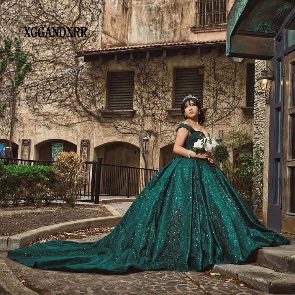 Vestido de lantejoulas quinceanera, florais de renda mexicana, doce vestido de festa, verde, tamanho grande, moda, 2024