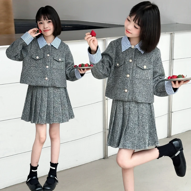 

autumn French design teen girls skirts set Striped color blocked jacket+pleated skirt 2pcs junior kid clothes suit child outfits