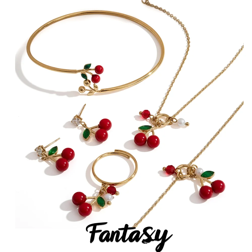 

Ожерелье из нержавеющей стали 316, красная эмаль, вишневое ожерелье, серьги-капли с зеленым цирконом, позолоченный браслет, кольцо, женский модный комплект ювелирных изделий