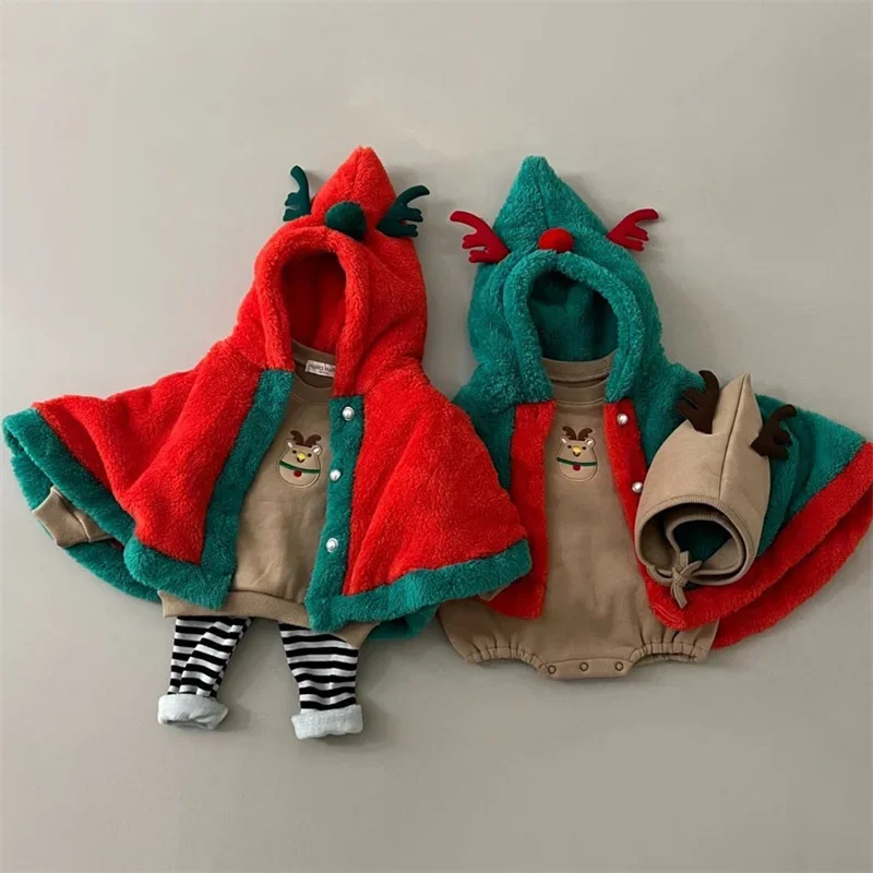 Christmas Winter Baby Boys Girls Cloak Coat Thick Baby Cloaks Red/Green Festival Clothing Cartoon Deer Horn Hooded Windproof