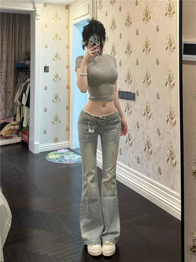 

Джинсы женские в американском стиле с низкой талией, кружевной отделкой, облегающие, весна-лето, удлиненные, расклешенные, больших размеров, с высокой талией