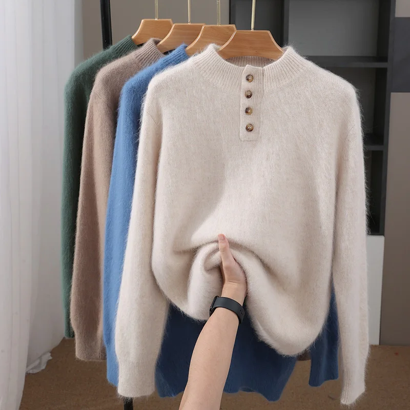 

Мужской трикотаж с воротником-стойкой, пуловер с длинными рукавами, свитер на осень и зиму, 100% норковый кашемир, толстая мягкая одежда, топы