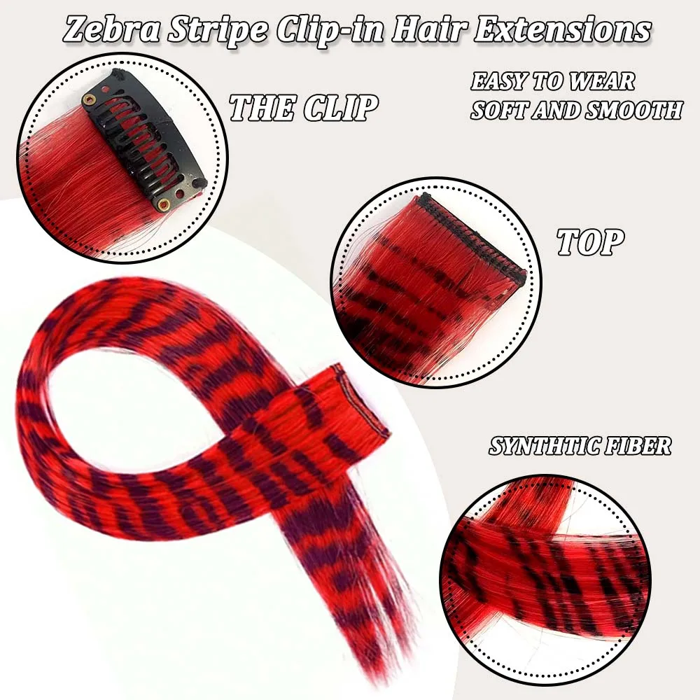 وصلات شعر ريشة ملونة 8 قطع 18 بوصة مشبك شعر مطبوع عليه شريط حيوانات على شكل قوس قزح شعر صناعي للحفلات التنكرية والمهرجانات