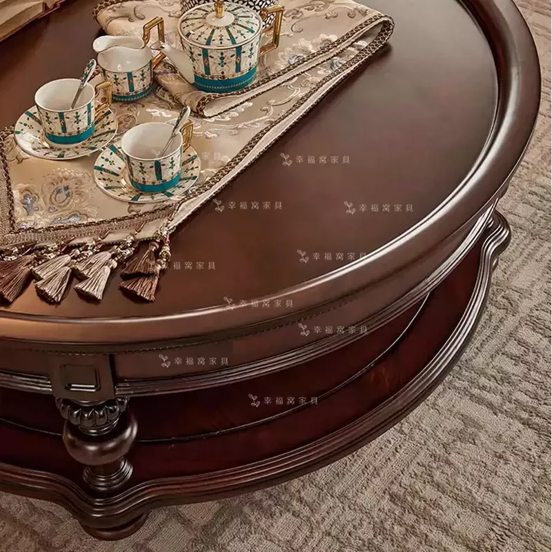 American Neoclassical Solid Wood Round Coffee Table Retro Double Tea Table for Living Room Small Apartment Reception Desk