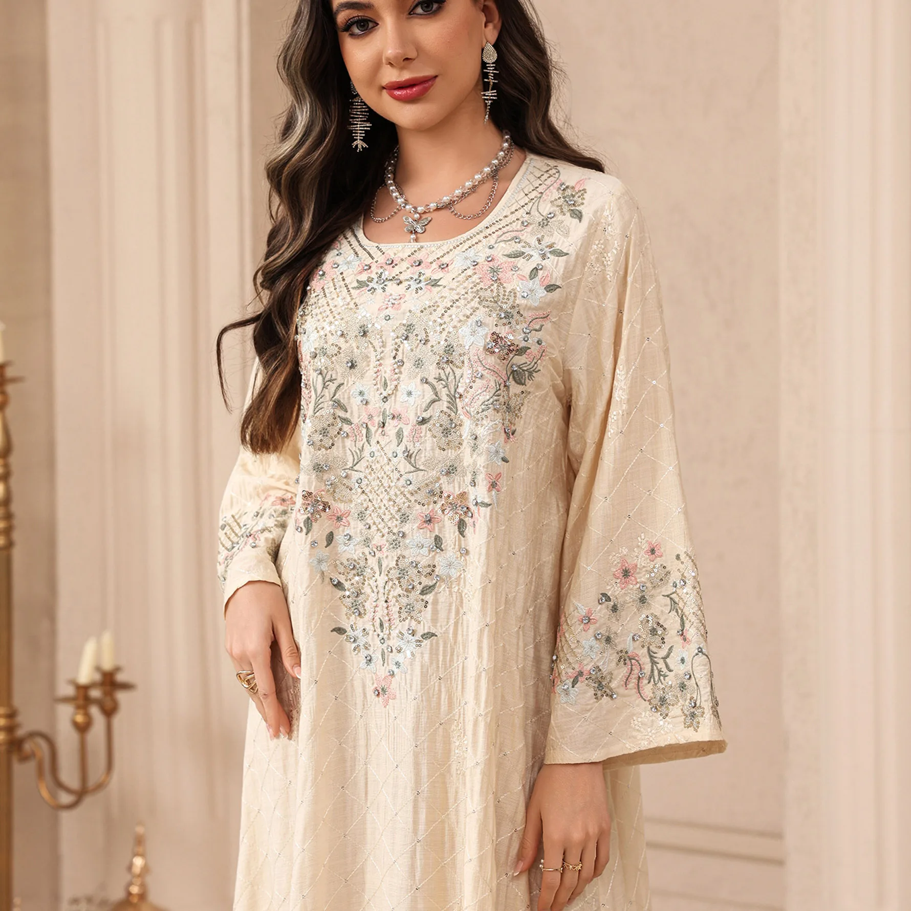 Women Jalabiya Arabic Dress Ramadan Eid Party Muslim Evening Dress Sophisticated Floral Embroidery Square Neck Islamic Clothing