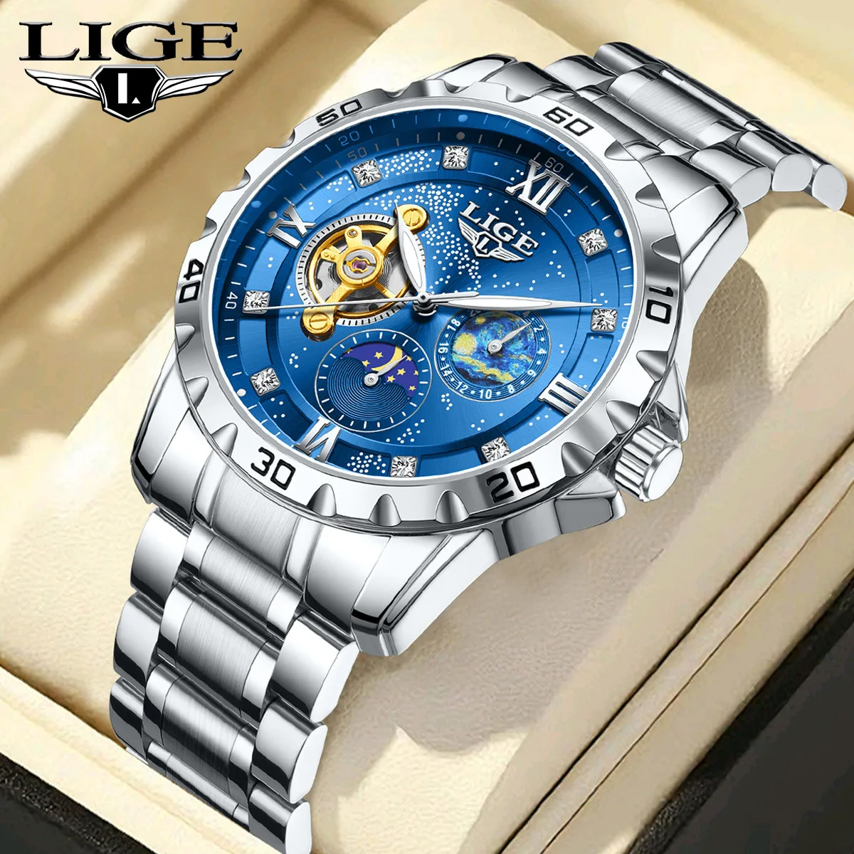 lige-トップブランドの高級メンズ腕時計ファッションビジネス自動巻き腕時計メンズ発光防水機械式時計モントルオム-ボックス