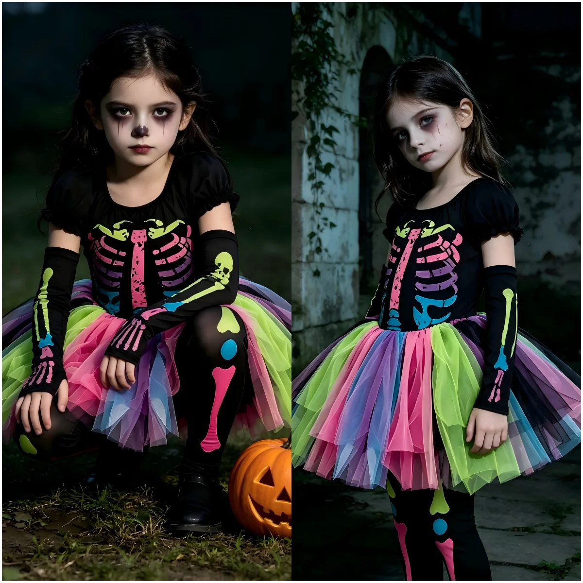 Kids Girl Rainbow Mesh Tutu Witch Dress Color Skeleton Print Costume Complete Set Candy Bag Halloween Carnival Party Fancy Dress