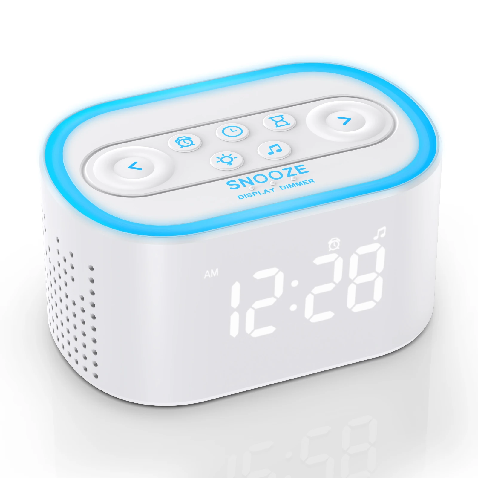 

White Snooze Alarm Clock, Noise Sound Machine, 7 Wake Up Sounds, 8 Night Lights, 9 Sleep Timer, Suitable for Bed Bedroom