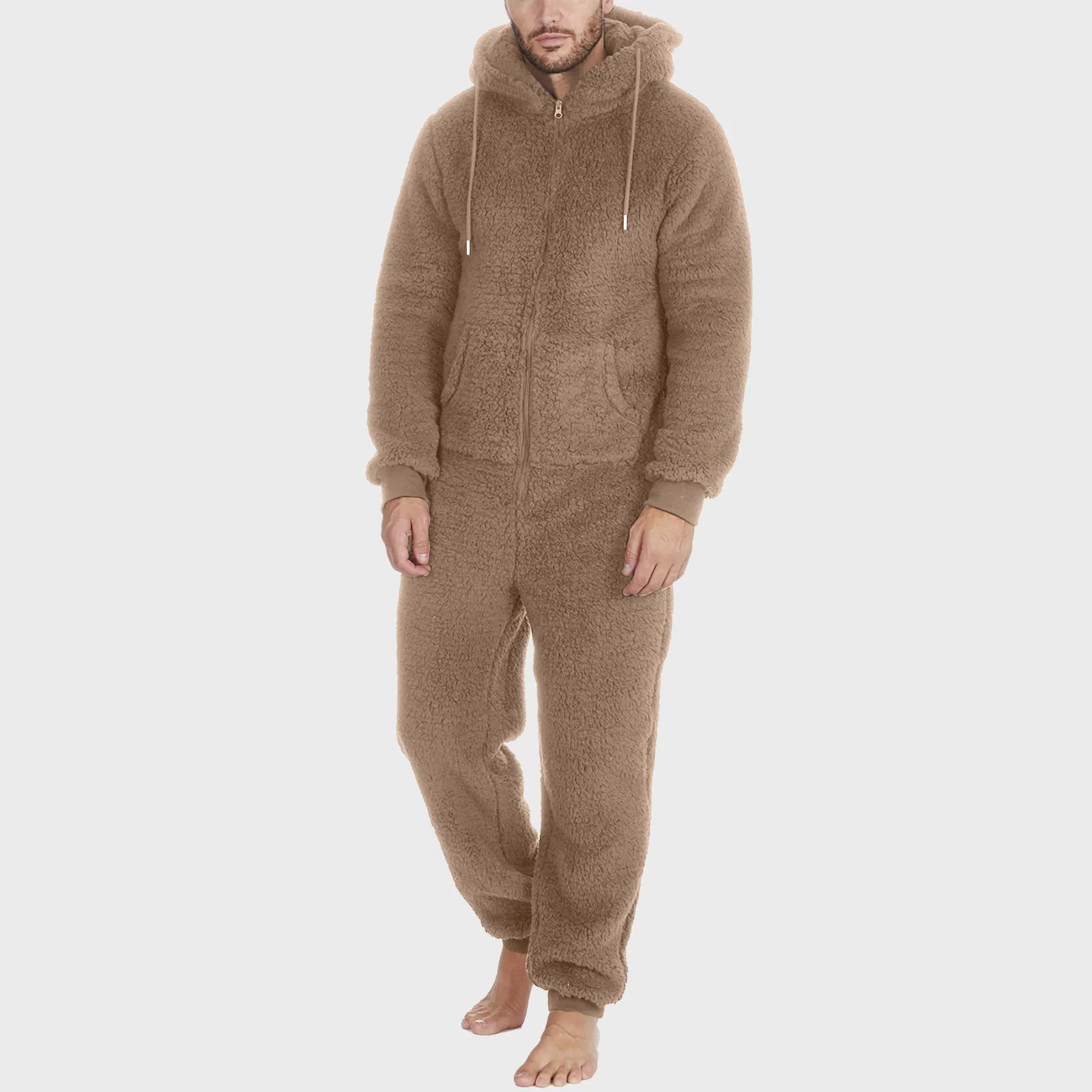 Artificial Wool Men Onesies Pajamas Long Sleeve Fleece Solid Zipper Drawstring Hooded One-Piece Pajamas Winter Warm Jumpsuit