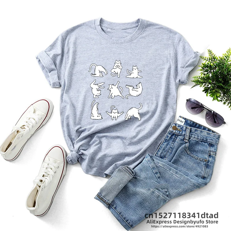 Funny Yoga Women T Shirt Casual Cute Cat Tee Shirt Meditation Namaste Graphic Print Tshirt Casual Short Sleeve Tee Shirt