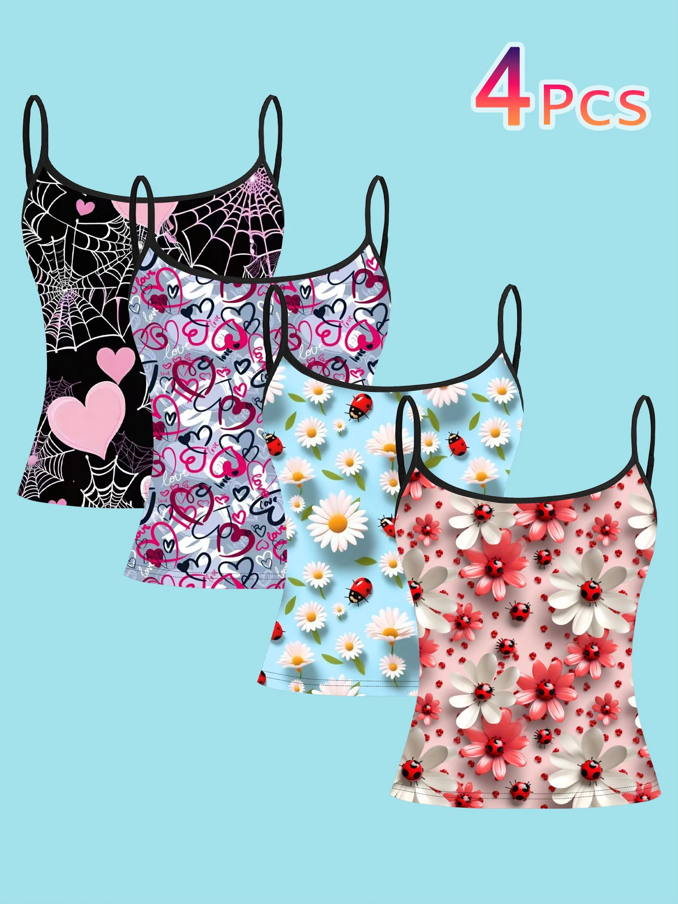 4-Piece Set of Spider Web, Heart, Graffiti, Daisy, and Ladybug Print Camisoles, Sweet and Cool Style with Contrasting Floral Designs, Slim-Fit Spaghetti Strap Sleeveless Tops for Women, Suitable for Wearing Alone or Layering
