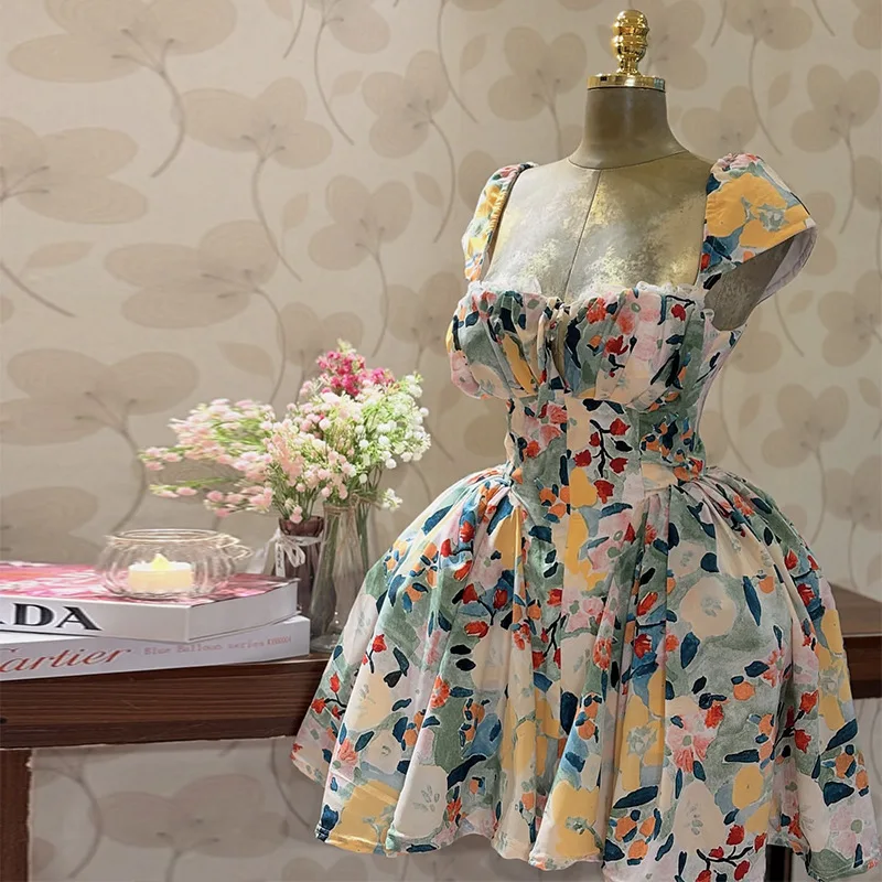 

Women's Clothing 2025 Summer New Fresh Lace Print Ruched Short Dress Lolita Elegantes 2025 Summer Dress Robe Vestido Women Party