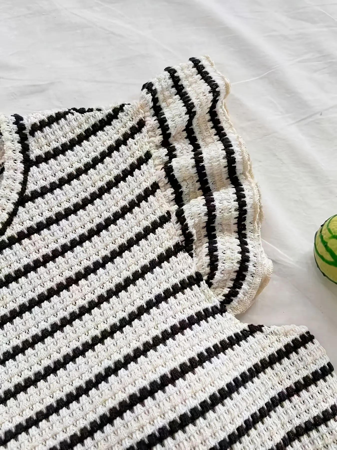 Women Casual Color Block Stripe T Shirt Ruffle Trim Flounce Sleeve Holiday Daily Wear Ladies Tee