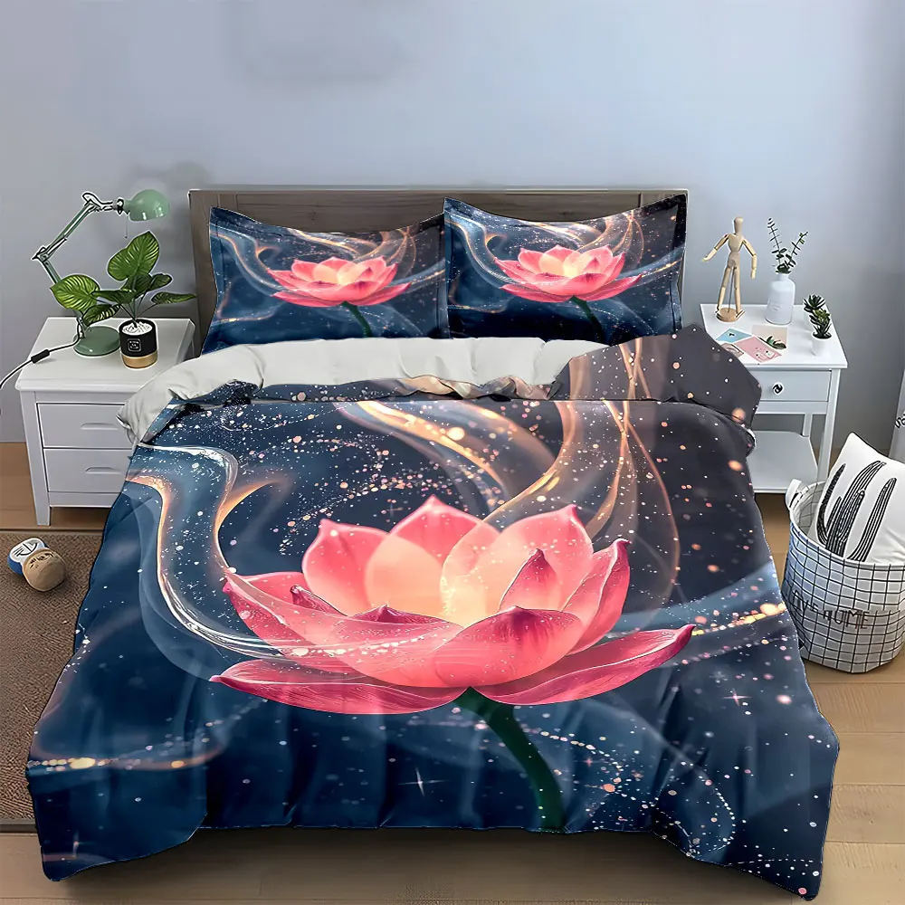 Lotus Flower Decor Set, Home Art Bedding Set with 1 Duvet Cover 2 Pillowcases Single Double King Queen, Gift
