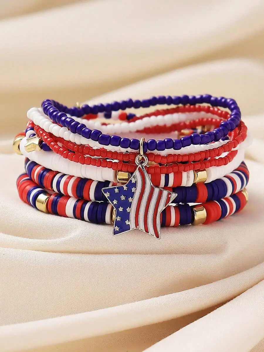 

6pcs American Flag Star Pendant Beaded Wrap Bracelet Set For Women Casual Holiday Party