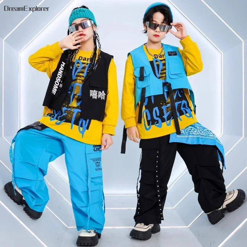 Boys Hip Hop Vest Sweatshirt Colorful Cargo Pants Girls Street Dance Clothes Sets Kids Jazz K-pop Costumes Children Streetwear