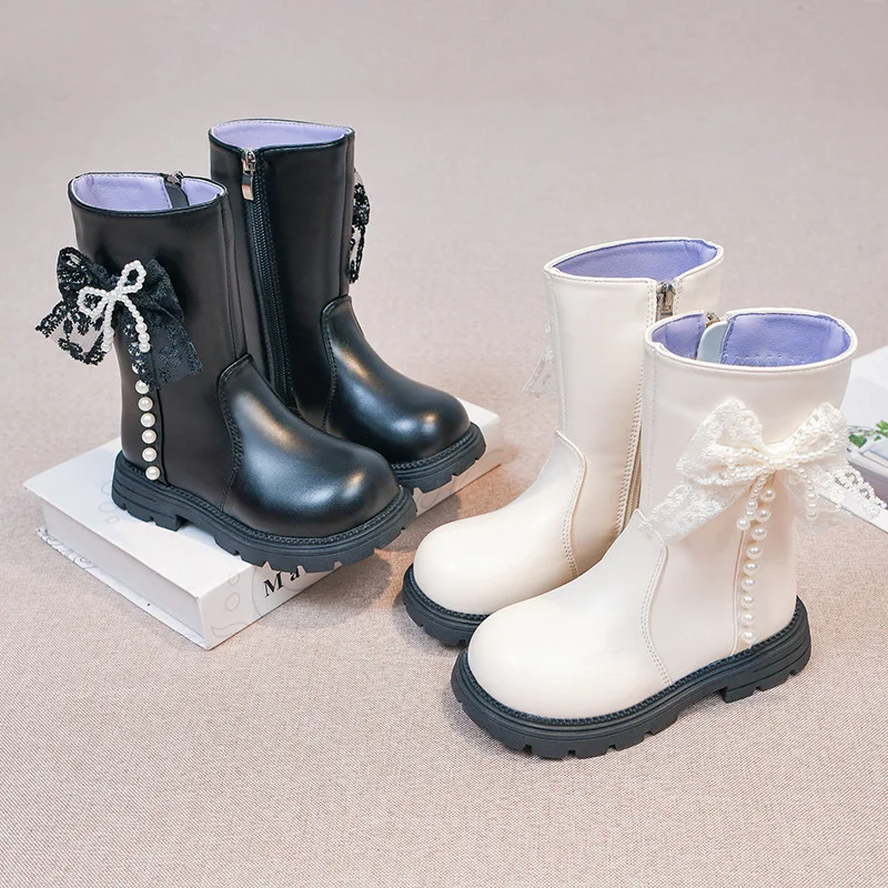 Girls Long Boots Sweet Lace Bows Kids Fashion Boots Side Zipper Non-slip 2026 Autumn New Children Leather Boots Non-slip