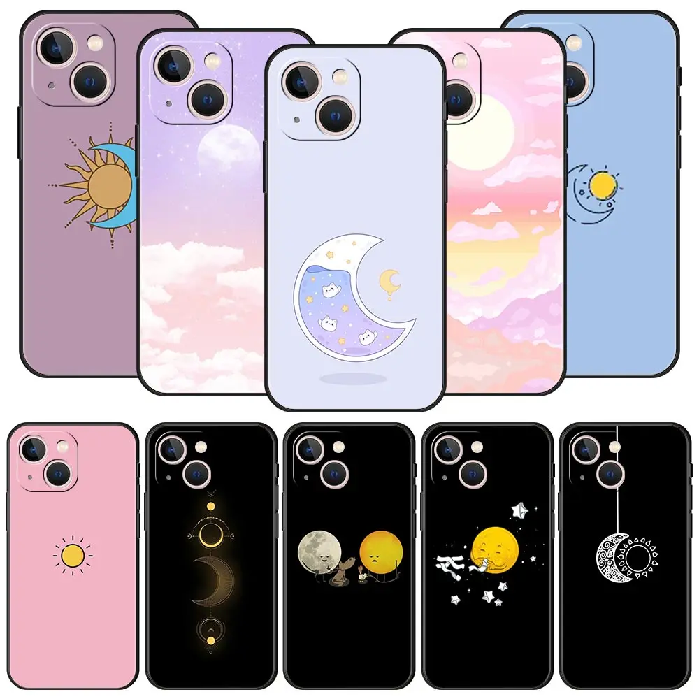 Minimalist Cartoon Sun Moon Phone Case For iPhone 16 13 15 14 12 11 Pro MAX XR X SE XS 7 8 Plus Soft TPU Shell Cover