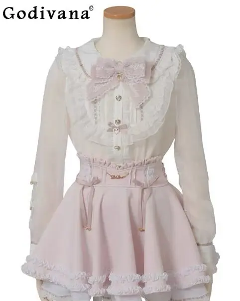 

Japanese Liz Large Size Sweet Cute Mass-Production Long Sleeve Shirt New 2026 Girls Cute Bow Lace Splicing Blouse Top Skirts