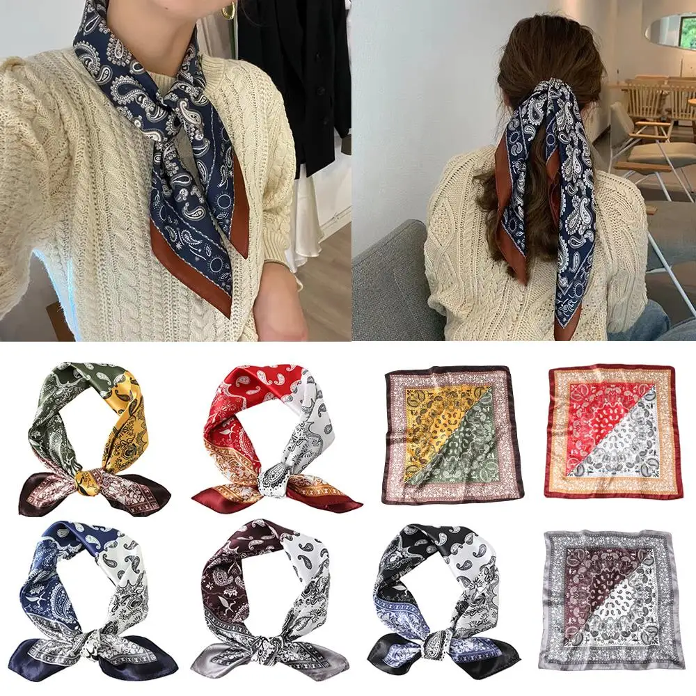 두 가지 색상 목 머리 스카프 캐슈 꽃 Hijab 스카프 귀여운 페이즐리 스퀘어 스카프 실크 새틴 DIY 장식 두건 머리 스카프