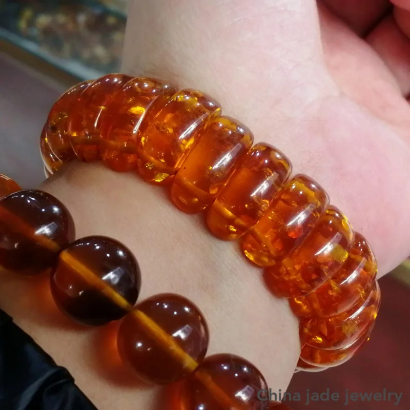 Natural Baltic Amber Flower Wide Bracelet Men Women Healing Jewelry Gemstone Bangle Floral Ambers Elastic Lucky Amulet Bracelets