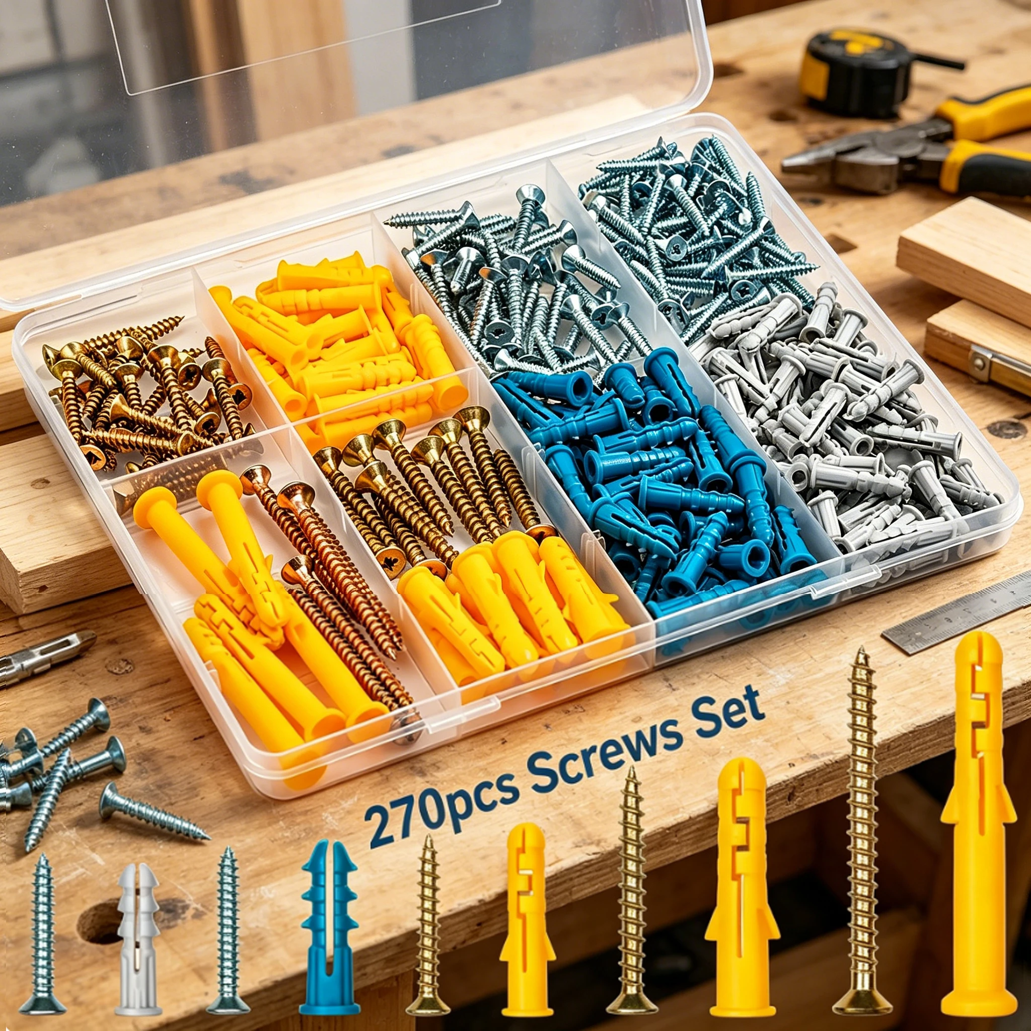 Premium Drywall Anchor & Screw Set, 270Pcs 5-Size Kit with Box, for All Walls