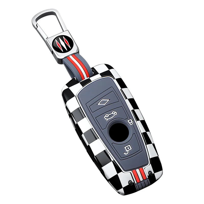 Racing Checkerboard Key Fob Shell For BMW Blade Key3 5 7 Series X1 X3 X5 X6 X7 4 Button Smart Car Remote Key Cover With Key Ring