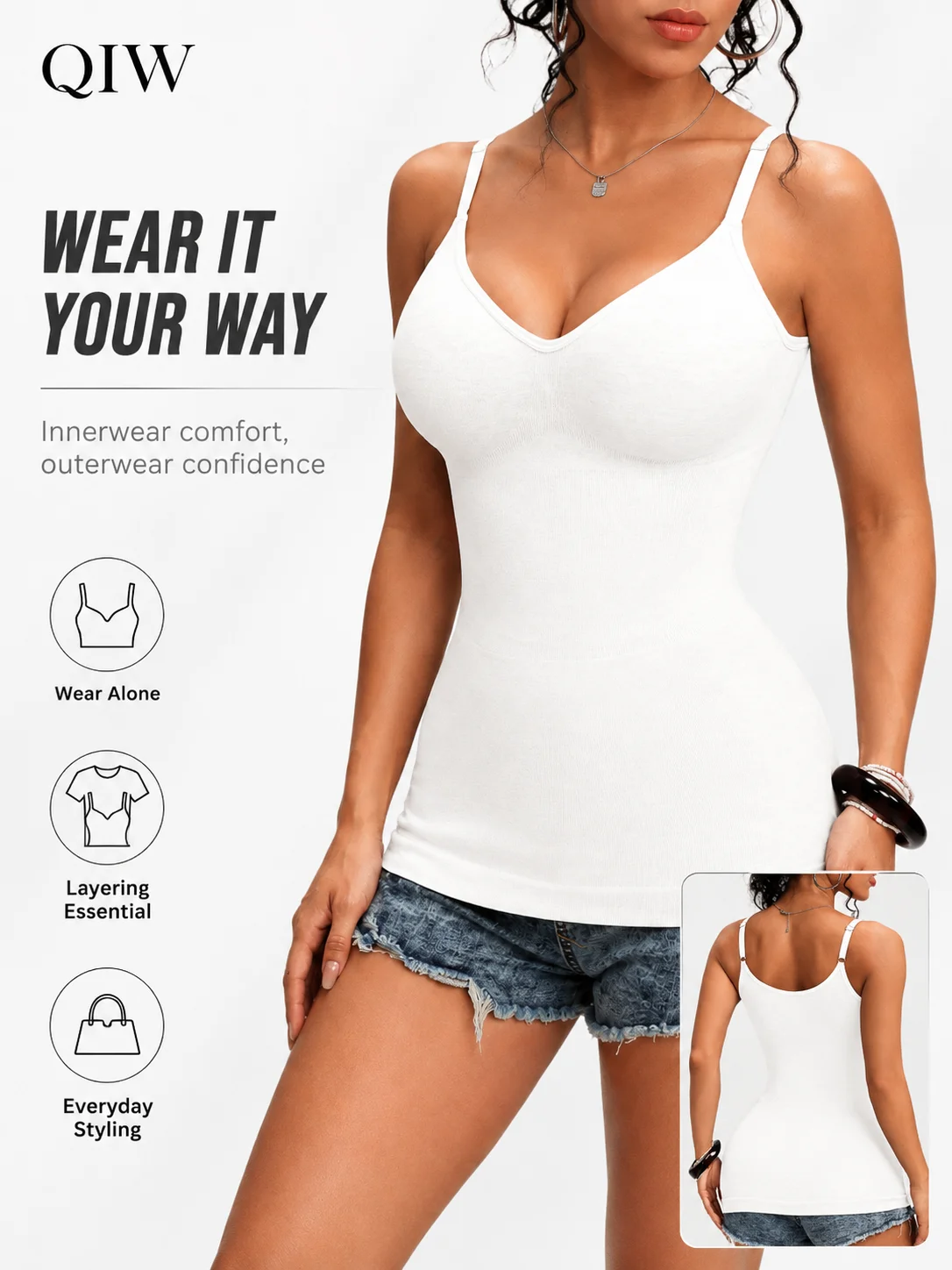 QIW Women's Long Camisole No Pads, Adjustable Strap Slimming Tank Top, Breathable Soft Basic Vest for Layering & Outerwear