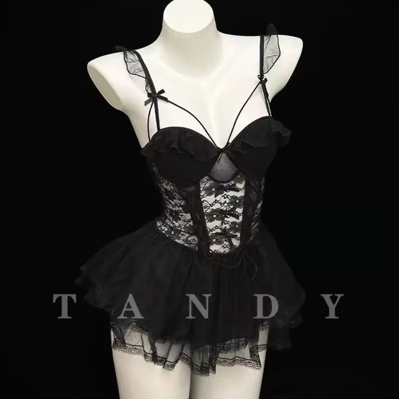 Trendy Sexy New Fishbone Bra Lace Chest Pad Dress Backless Deep V Suspenders Sleeveless Bowknot Mesh Lace Dress Charming QCSW