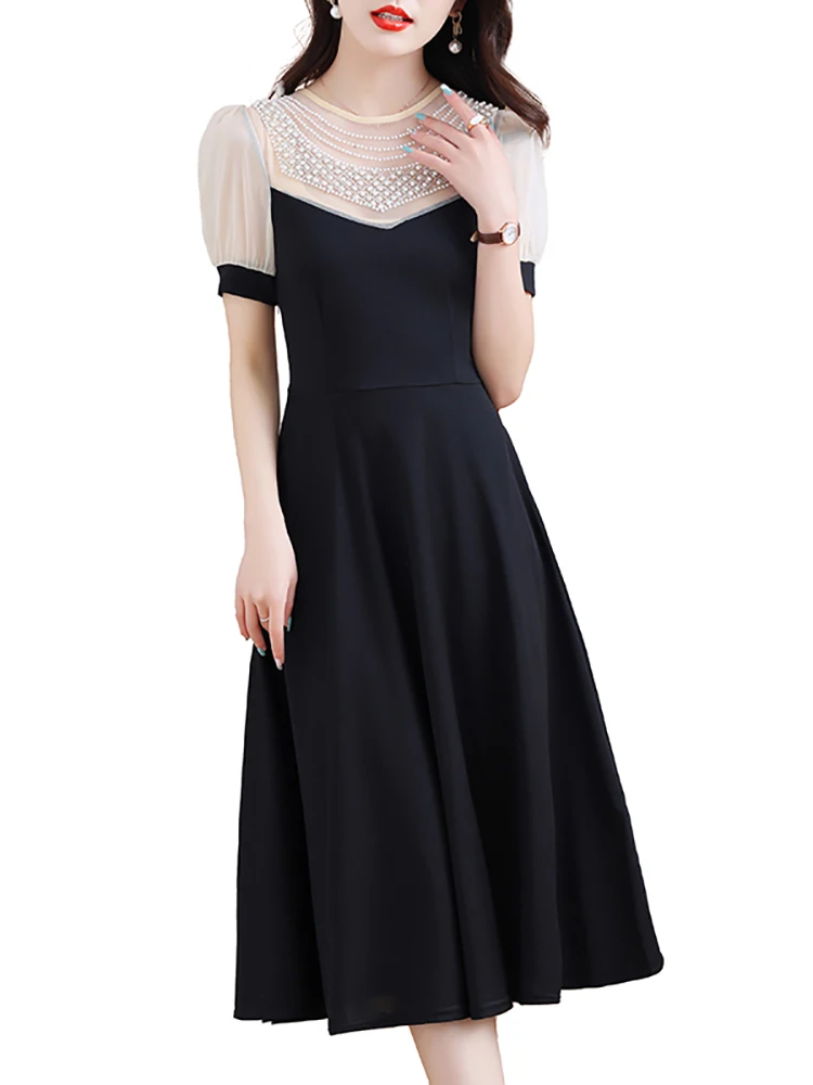 Black Vintage Prom Night Midi Dress for Women Summer Patchwork Chic Beading  Luxury Dress 2024 Korean Elegant Bodycon Party Dress - AliExpress 200000345