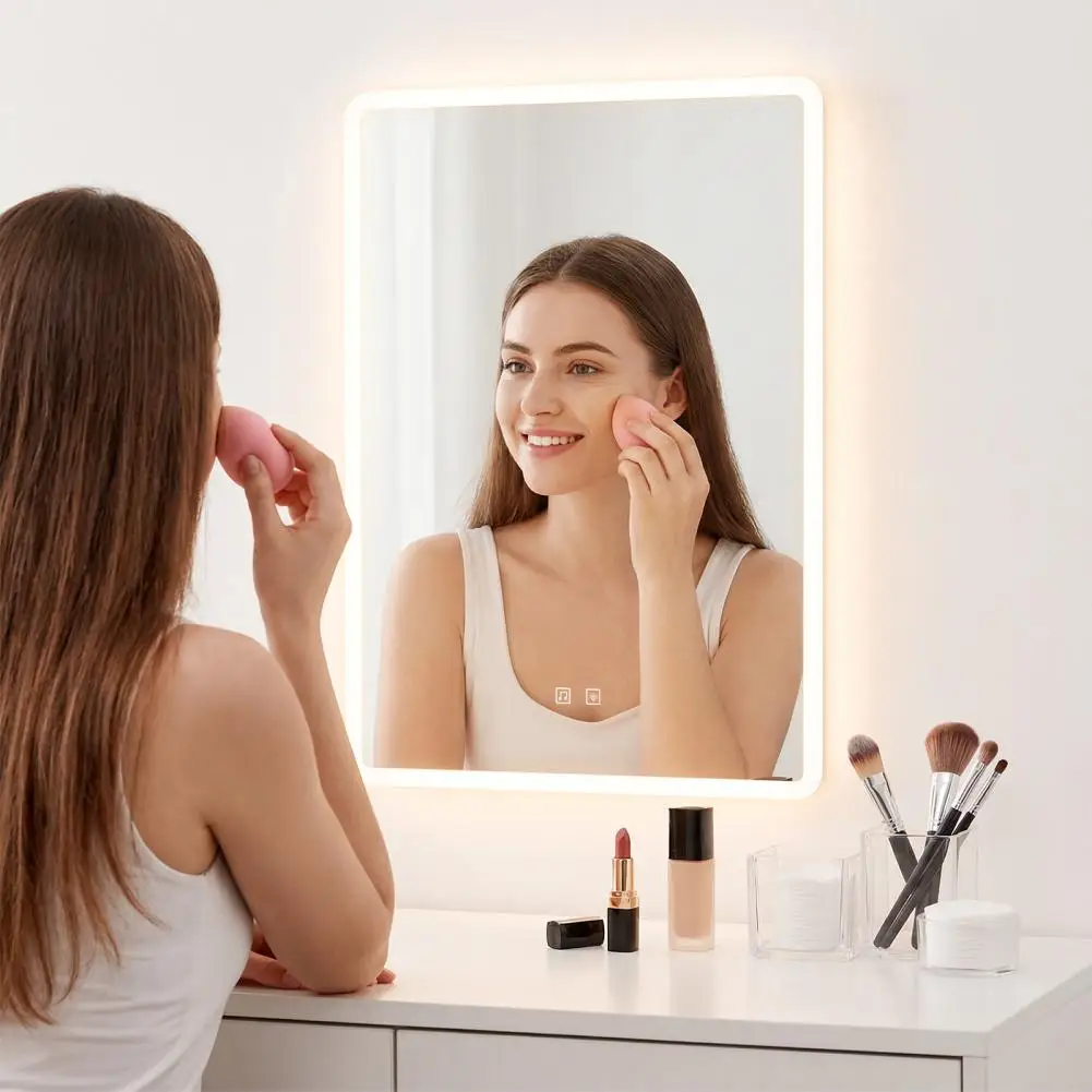 

Wall Mounted Smart Bathroom Mirror Light Anti Fog Tempered Glass Dual Wireless Speaker LED Makeup Mirror Multi Size
