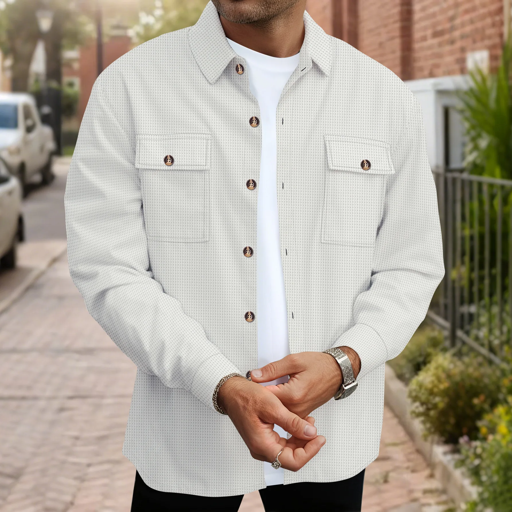 

Men's Solid Color Waffle Knit Button Up Shacket with Chest Pocket & Side Pockets Long Sleeve Casual Shirt Jacket