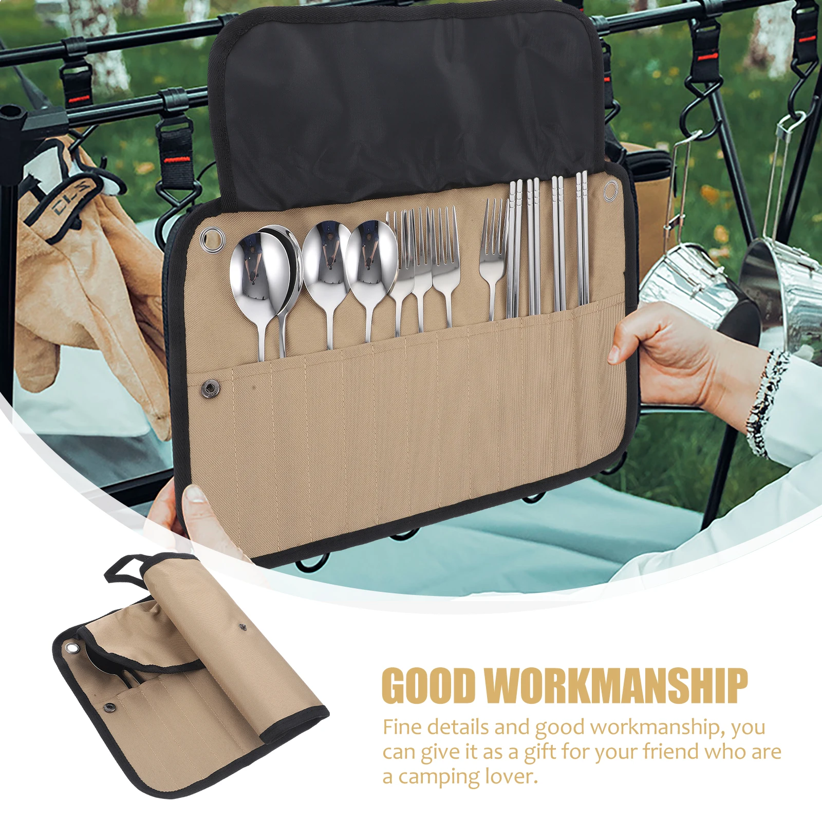 

Portable Camping Tableware Set Stainless Steel Nylon Storage Bag Folding Pouch Travel Cutlery Picnic BBQ Outdoor Kitchen