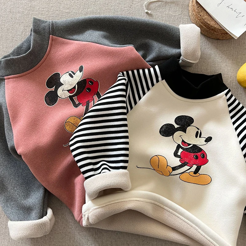 

Cartoon Velvet Sweatshirt for Children Korean Patchwork Striped Long Sleeved Hoodie Kids Boys High Neck Casual Pullover Tops