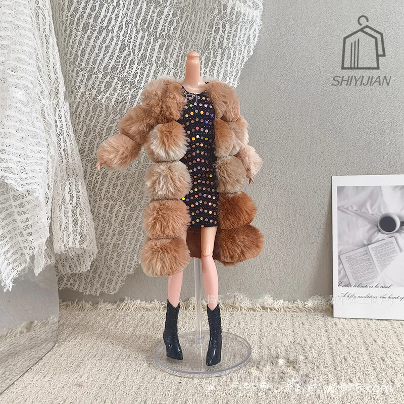 1/6 FR Supermodel Doll Clothes Accessories Winter Fur Coat Fashion Sequin Dress+Jacket+Bag+Shoes Set For 30cm Babi Doll Dress Up