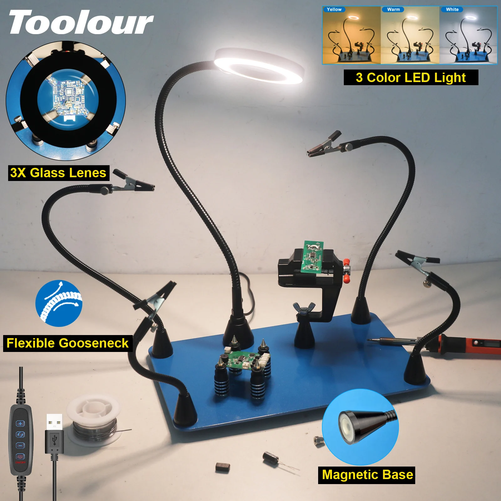 Ferramenta Toolour-Solda Terceira Mão, Magnetic Helping Hands, PCB Circuit Board Holder, 3X LED Lamp ampliação