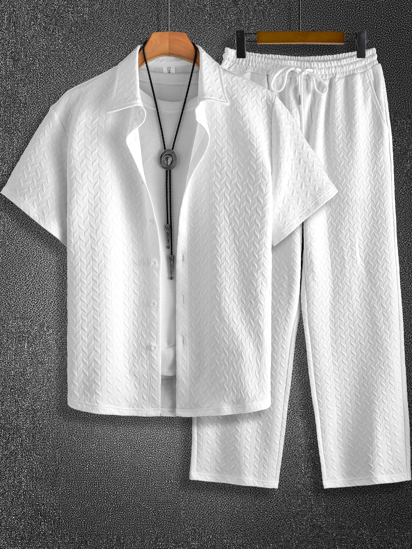 

Men's 2 Piece White Wheat Textured Set, Lapel Short Sleeve Shirt & Straight Leg Pants Summer Casual Outfit