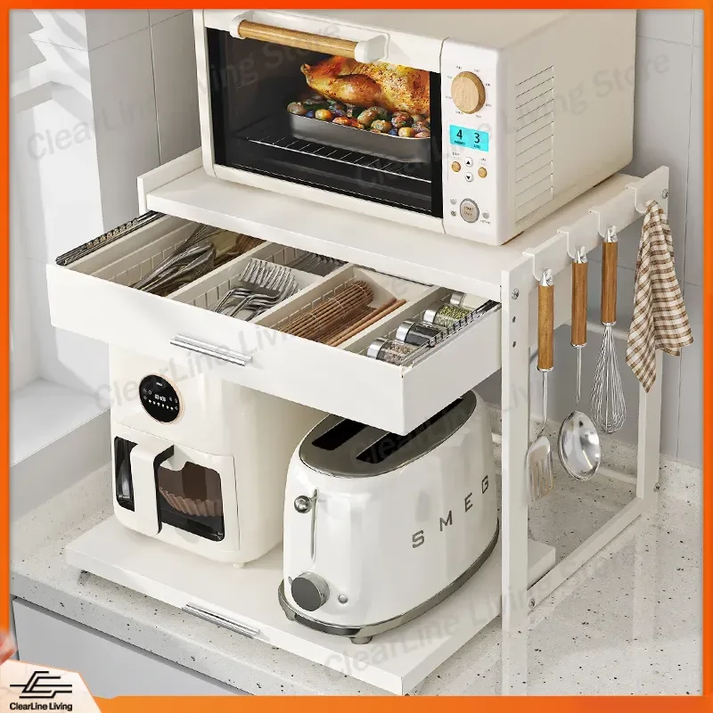 Kitchen Drawer Rack for Microwave Oven Countertop Oven Bracket Rice Cooker Stand Pull Out Storage Shelf Household Space