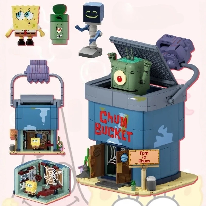 مكعبات بناء جديدة من AREAX SpongeBob SquarePants Chum Bucket Street Scene Mrs. مدرسة القوارب المنتفخة ‌   لعبة زينة نموذج البناء