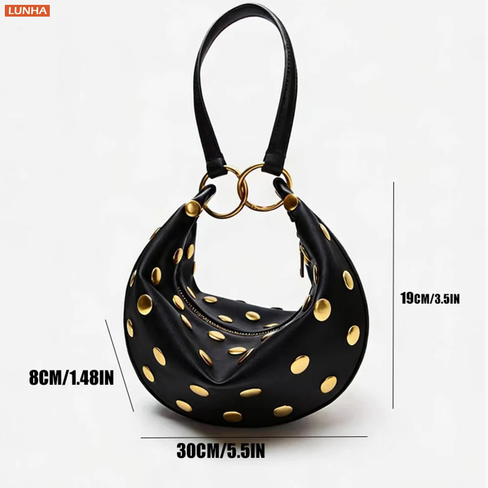 Studded PU Half Moon Hobo Shoulder Bag Punk Rivet Crescent 2-Way Underarm Crossbody Purse for Women Daily Street Casual