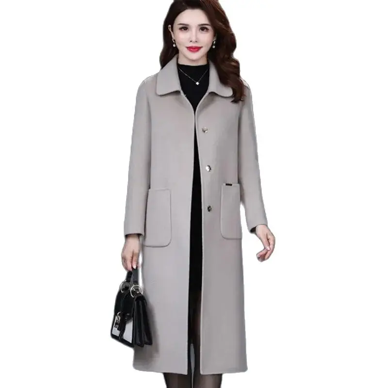 

2022Spring And Autumn New High-end Temperament Double-sided Fleece Women's Wool Coat Mid-length Ladies Elegant Woolen Pocket Coa