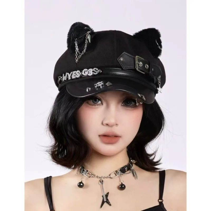 Harajuku Gothic Lolita Cool Punk Skull Spike Cap Biker Nieuws Jongen Hip Pop Hoeden Heren Vrouwen Unisex Baret Kat Oor Ontwerp Punk Caps