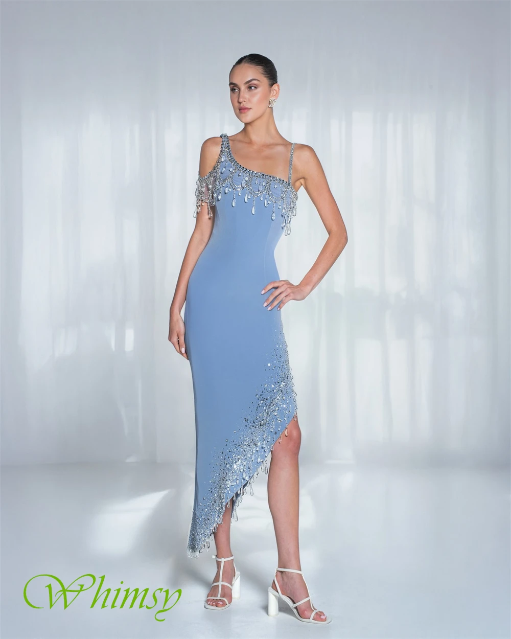 فستان سهرة فاخر مخصص من الجيرسيه مطرز بالخرز، فساتين كلاسيكية بكتف واحد لحفلات العودة للوطن، فساتين مناسبة مخصصة من الكريستال اللامع