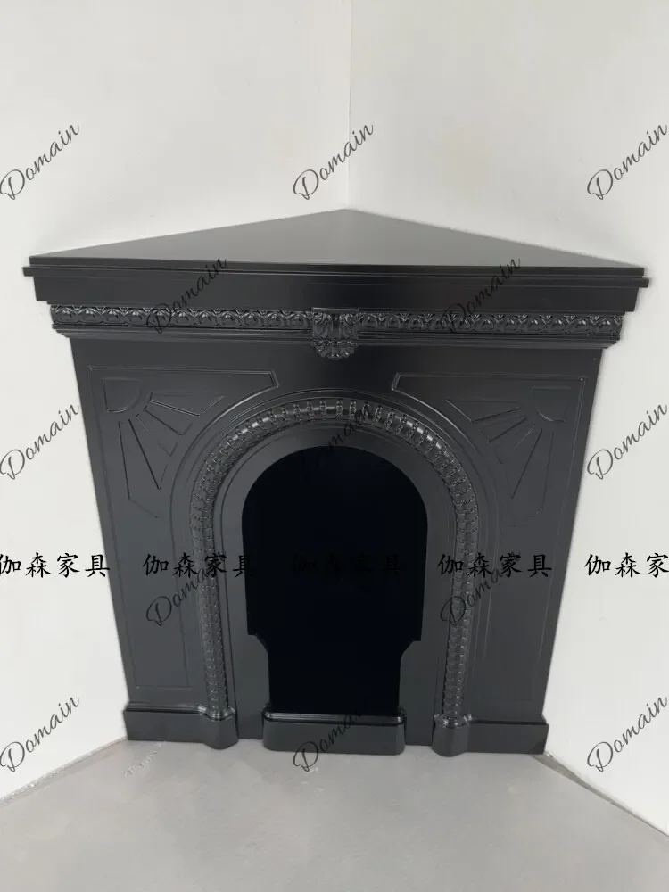 BX Vintage Solid Wood Black Corner Fireplace Cabinet French Arched Carved Corner Triangle Fireplace Decorative Cabinet
