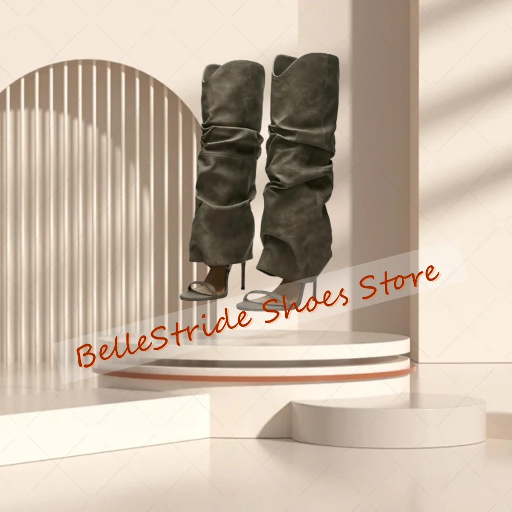 

Black Pleated Matte Leather Boots Open Toe Sexy Women Shoes Stilettos High Heels Party Banquet Dating 2025 Zapatos Para Mujere