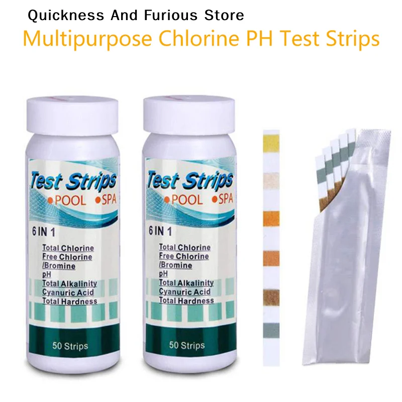 【T】50 Pcs/Bottle 6 In 1 Multipurpose Chlorine PH Test Strips SPA Swimming Pool Water Tester Paper High Quality