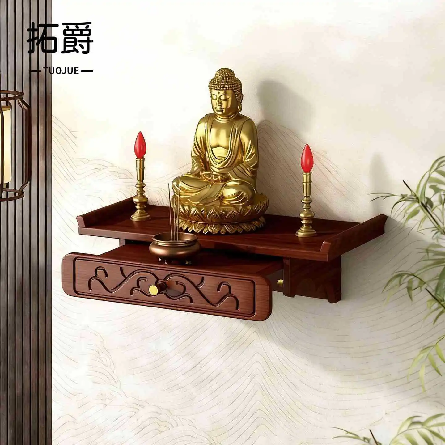 YJQ solid wood Buddhist niche wall-mounted offering table New Chinese-style small God of Wealth incense burner rack