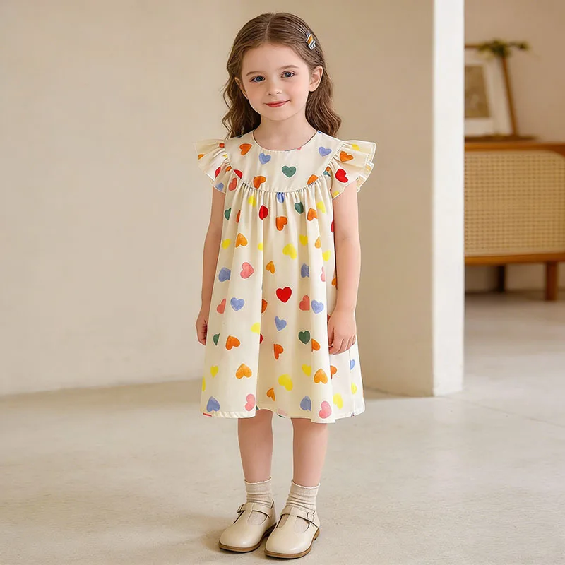 

Girls' Dress Summer New Style Flutter Sleeve Sweet Style Heart Print Princess Dress Children's Dress Stylish Girl Dress