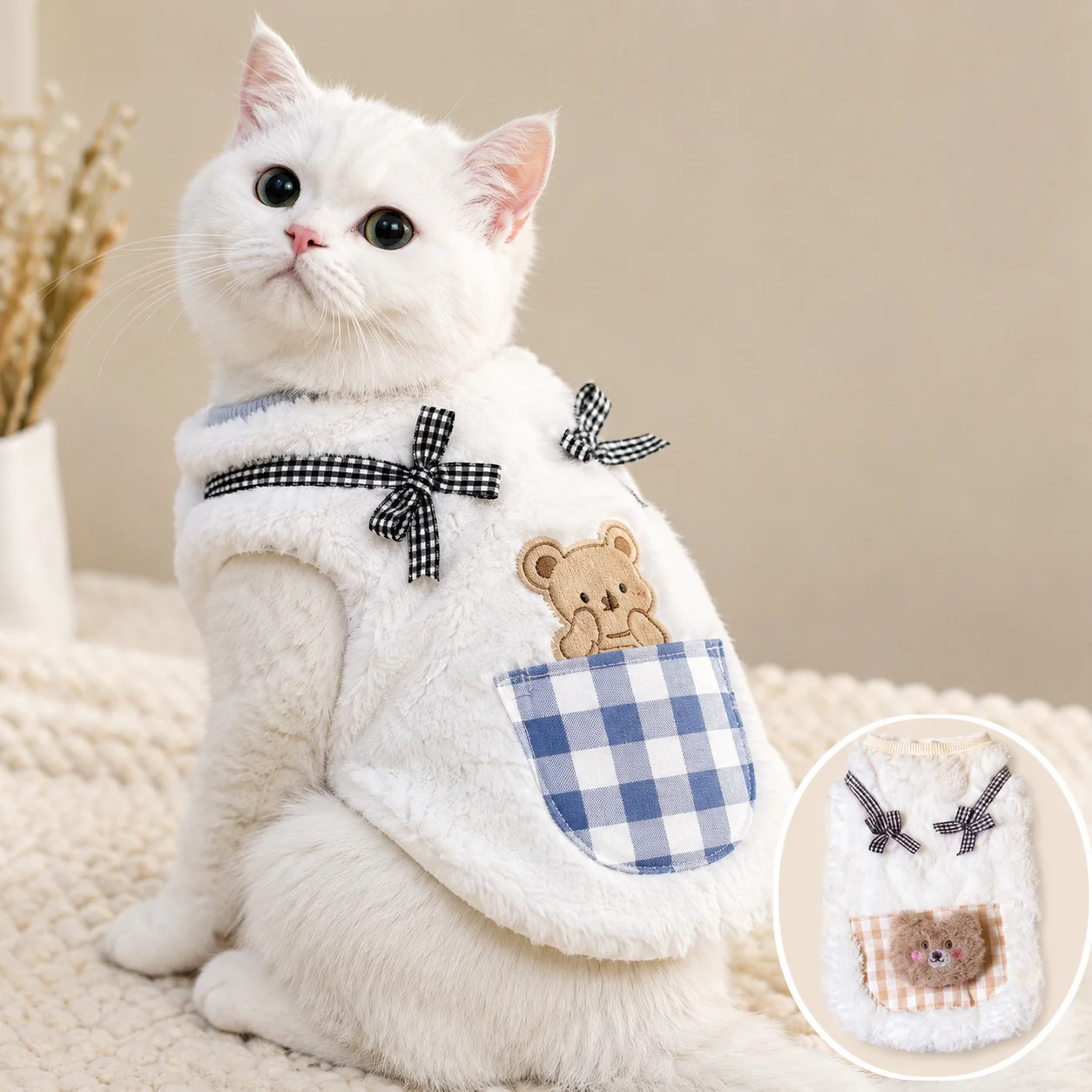 Winter Clothing For Dogs - Niedliche Plüsch-Katzenweste, Winter-Warmfleece-Kleidung für Kätzchen, karierte