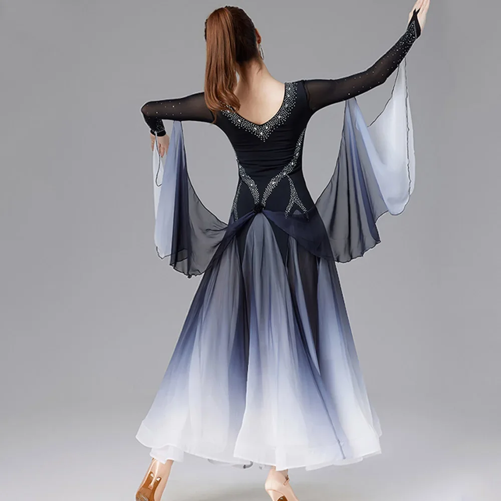 여성 볼 가운 스탠다드 왈츠 차차 대회 의상 연습복 2색 그라데이션 드레스 볼룸 댄스 의상
